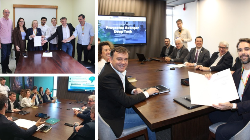 Representantes de institui&ccedil;&otilde;es de pesquisa, inova&ccedil;&atilde;o e governo participam de reuni&atilde;o para formaliza&ccedil;&atilde;o de parceria vinculada ao Programa Avan&ccedil;ar Deep Tech. Os registros mostram o momento da assinatura do documento e discuss&otilde;es em torno de uma mesa de reuni&otilde;es, com apresenta&ccedil;&atilde;o do programa em tela ao fundo. O encontro reuniu equipes t&eacute;cnicas e gestores para alinhar a&ccedil;&otilde;es voltadas ao fortalecimento do ecossistema de inova&ccedil;&atilde;o, pesquisa aplicada e desenvolvimento de tecnologias de base cient&iacute;fica no Rio Grande do Sul.